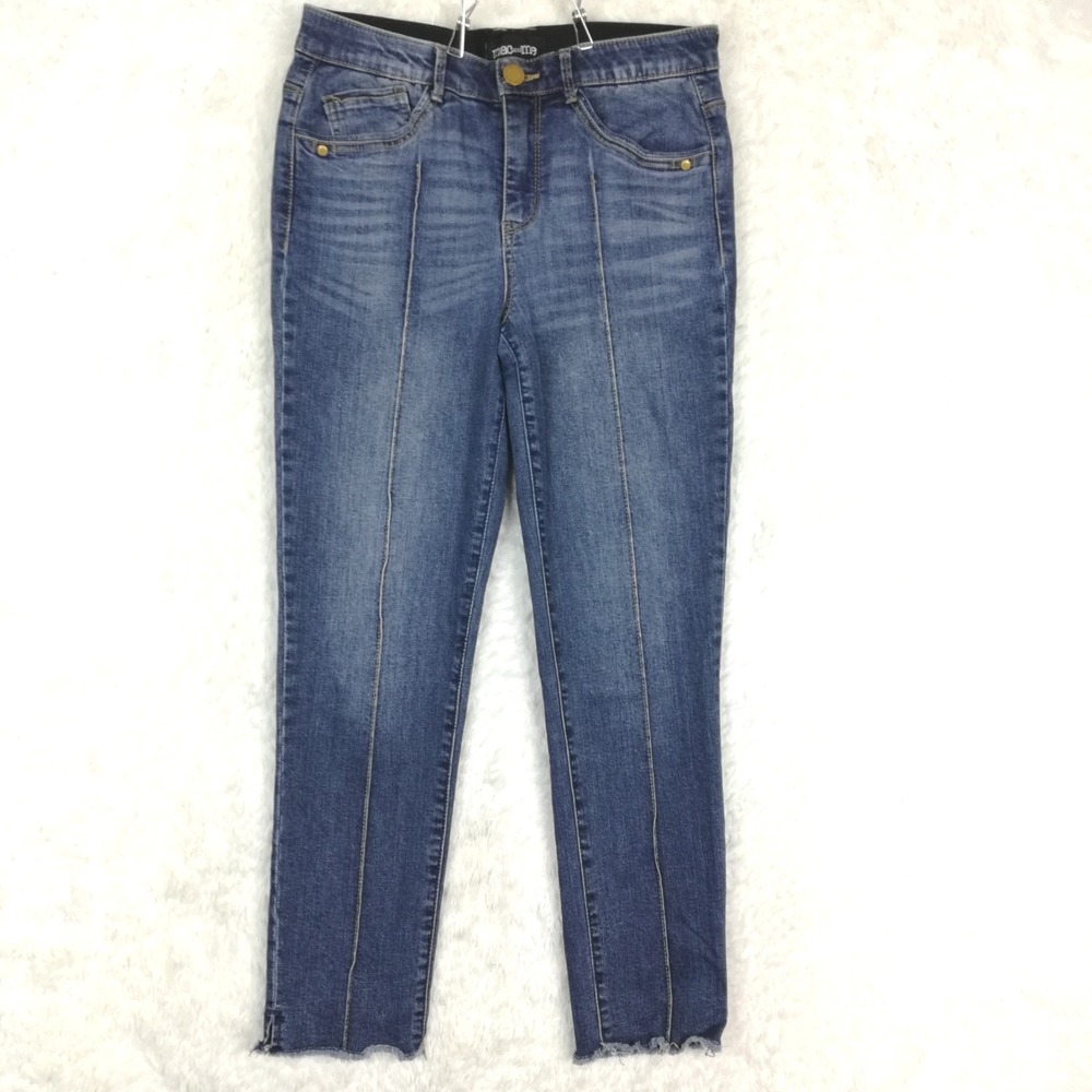 Mac And Me Womens Jeans Skinny Blue Denim Front Seam Frayed Hem Mid Rise 6‎